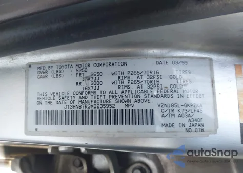 1999 Toyota 4Runner Limited V6 из США, поврежденный, VIN JT3HN87R3X0235952